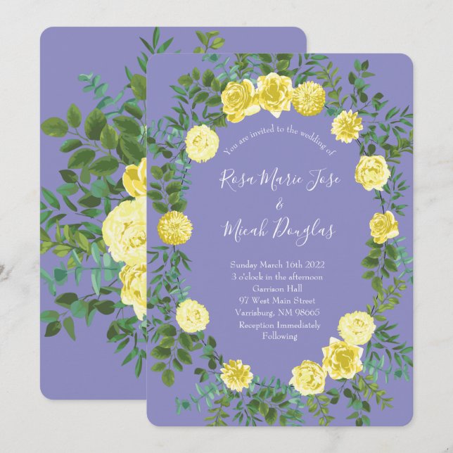 Yellow Rose & Purple Periwinkle Wedding Invitation (Front/Back)