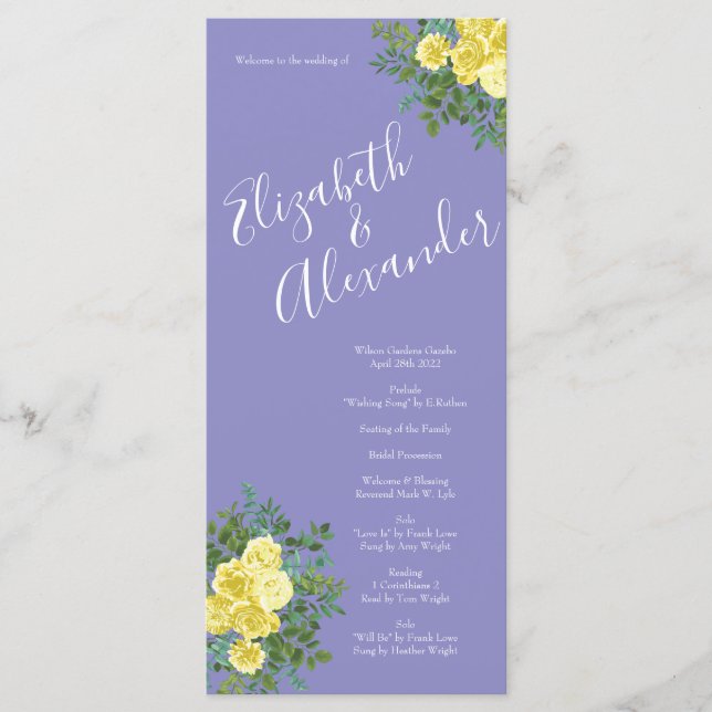 Yellow Rose & Purple Periwinkle Wedding Menu (Front)