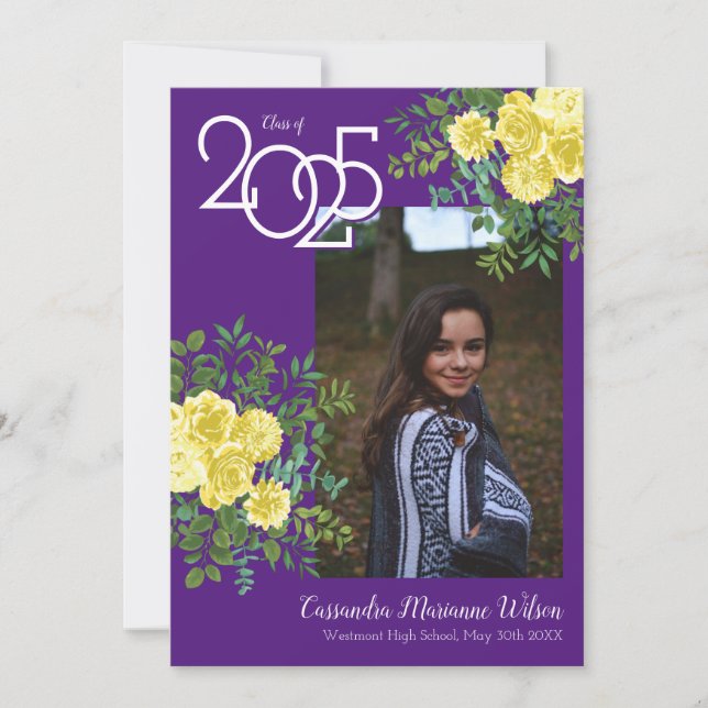 Yellow Rose Purple Photo Graduation Announcement (Front)