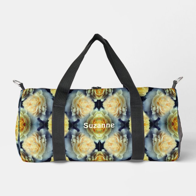 Yellow Rose Raindrops Floral Pattern Personalised Duffle Bag (Front)