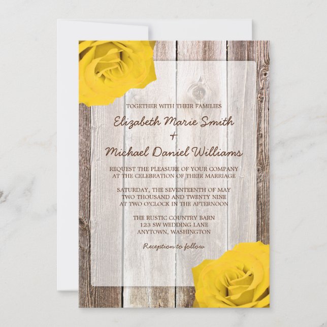 Yellow Rose Rustic Barn Wood Wedding Invitations (Front)