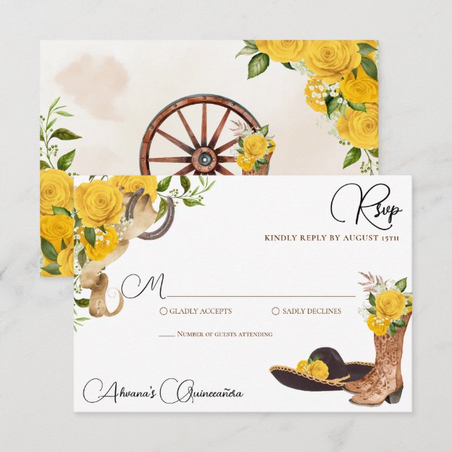 Yellow Rose Rustic Charro Western Quinceanera RSVP Card (Front/Back)