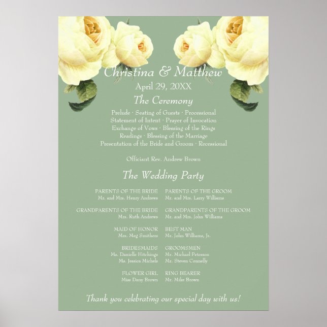 Yellow Rose sage vintage Wedding Ceremony Program Poster (Front)