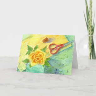 Yellow Rose Sewing Watercolor Happy Birthday Card