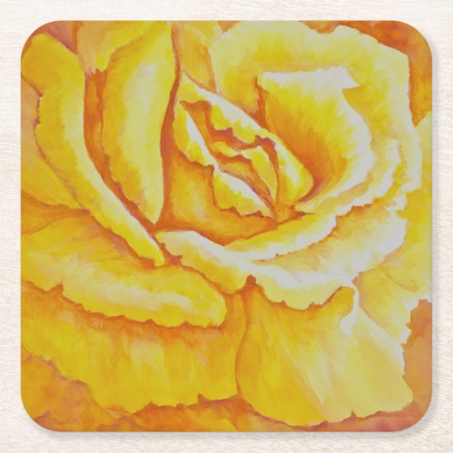 Yellow Rose Square Paper Coaster (Front)