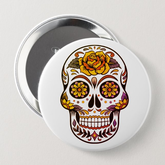 Yellow Rose Sugar Skull 10 Cm Round Badge (Front & Back)