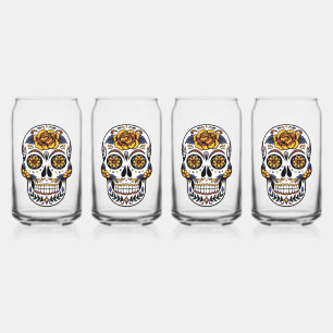 Yellow Rose Sugar Skull Can Glass