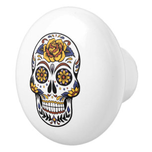 Yellow Rose Sugar Skull Ceramic Knob