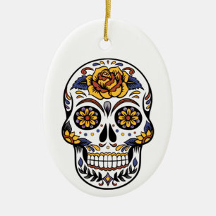 Yellow Rose Sugar Skull Ceramic Tree Decoration