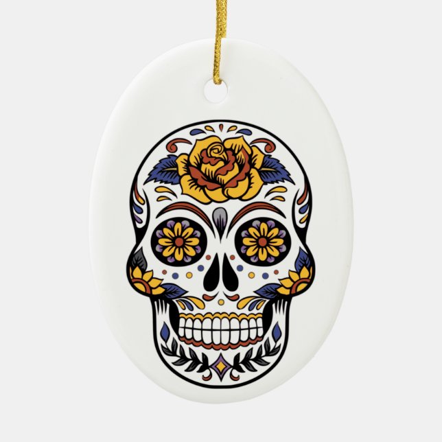 Yellow Rose Sugar Skull Ceramic Tree Decoration (Front)
