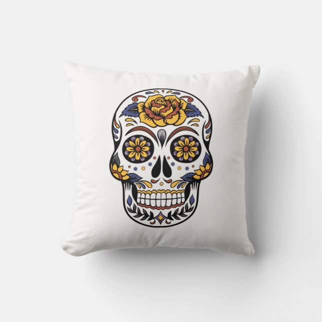 Yellow Rose Sugar Skull Cushion (Front)
