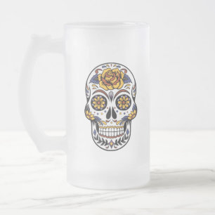 Yellow Rose Sugar Skull Frosted Glass Beer Mug