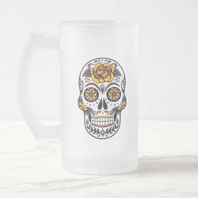 Yellow Rose Sugar Skull Frosted Glass Beer Mug (Left)