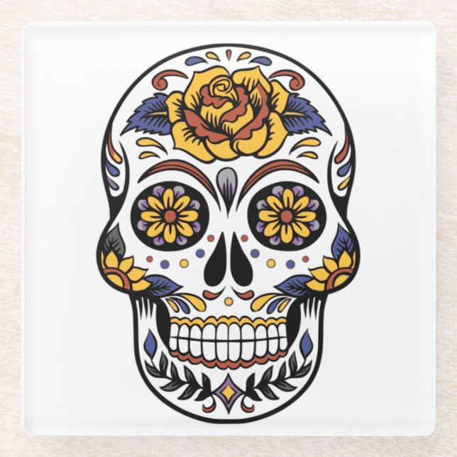 Yellow Rose Sugar Skull Glass Coaster (Front)