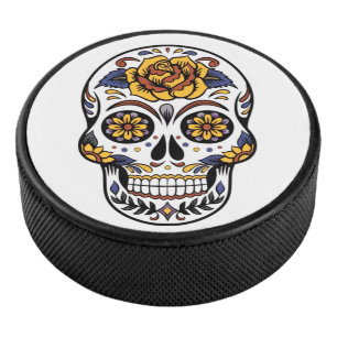 Yellow Rose Sugar Skull Hockey Puck