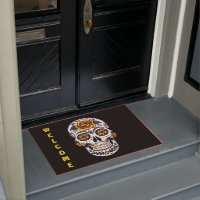 Yellow Rose Sugar Skull Monogram Doormat