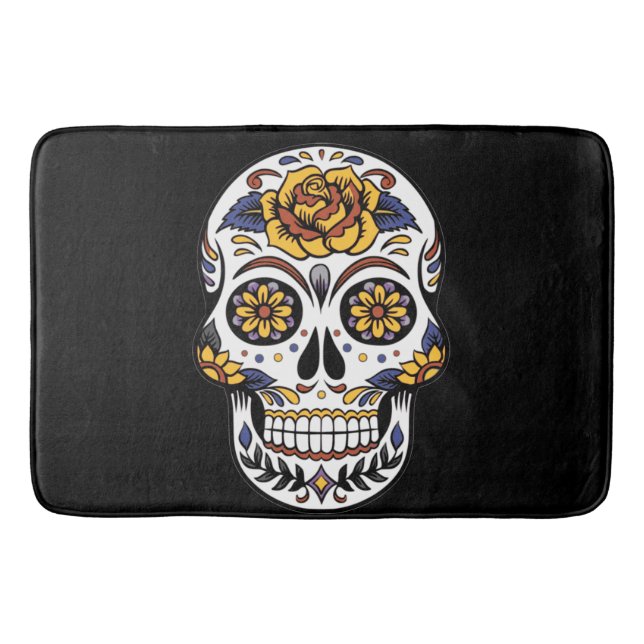Yellow Rose Sugar Skull on Black Bath Mat (Front)