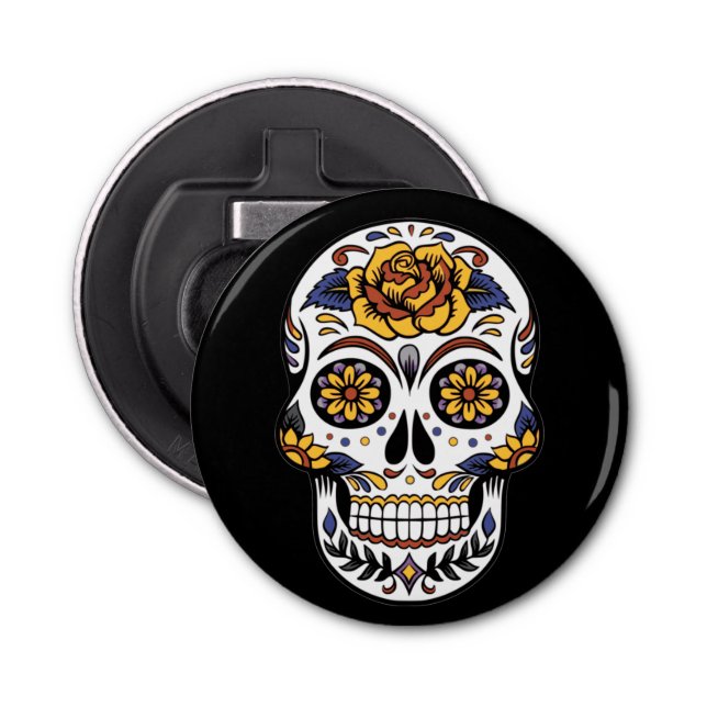 Yellow Rose Sugar Skull on Black Bottle Opener (Front)