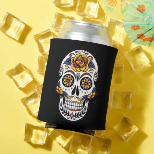 Yellow Rose Sugar Skull on Black Can Cooler