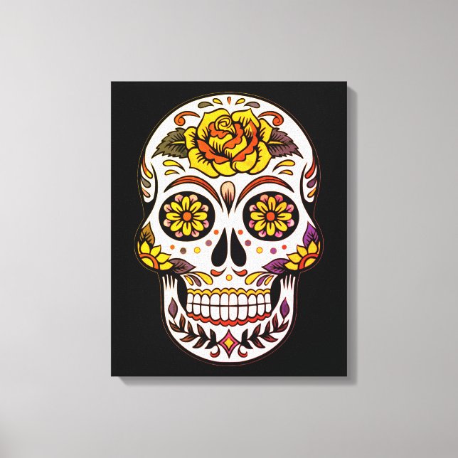 Yellow Rose Sugar Skull on Black Canvas Print (Front)