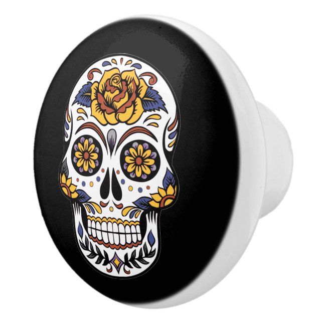 Yellow Rose Sugar Skull on Black Ceramic Knob (Right)