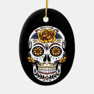 Yellow Rose Sugar Skull on Black Ceramic Tree Decoration