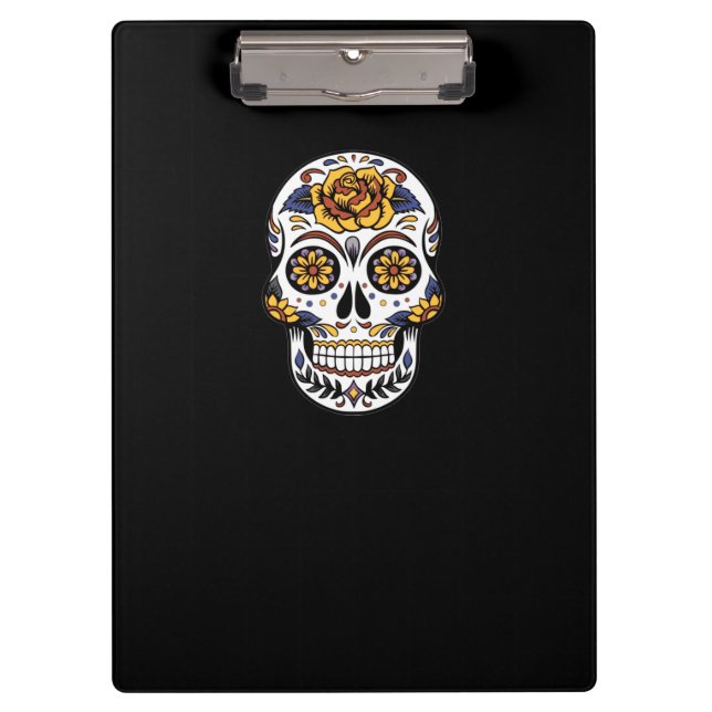 Yellow Rose Sugar Skull on Black Clipboard (Front)