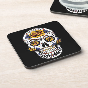 Yellow Rose Sugar Skull on Black Coaster