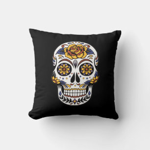 Yellow Rose Sugar Skull on Black Cushion