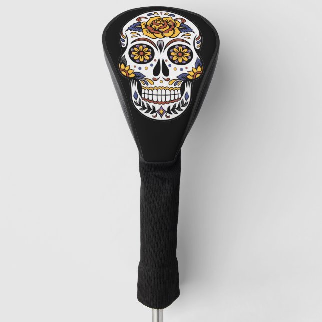 Yellow Rose Sugar Skull on Black Golf Head Cover (Front)