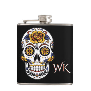 Yellow Rose Sugar Skull on Black Hip Flask