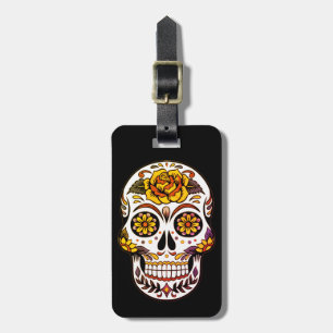 Yellow Rose Sugar Skull on Black Luggage Tag