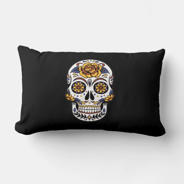 Yellow Rose Sugar Skull on Black Lumbar Cushion (Front)