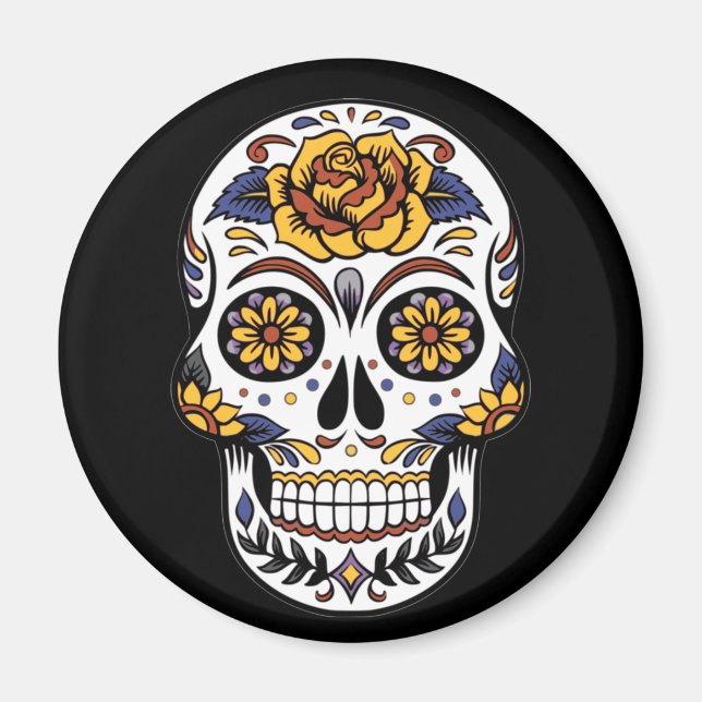 Yellow Rose Sugar Skull on Black Magnet (Front)
