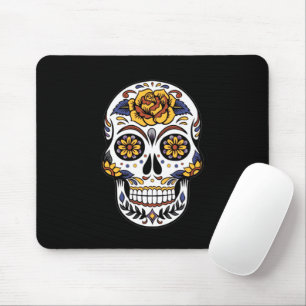 Yellow Rose Sugar Skull on Black Mouse Mat