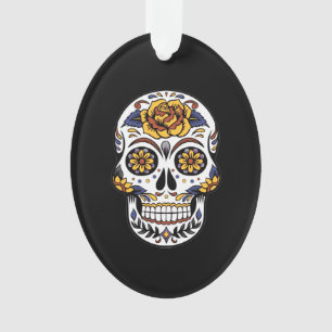 Yellow Rose Sugar Skull on Black Ornament