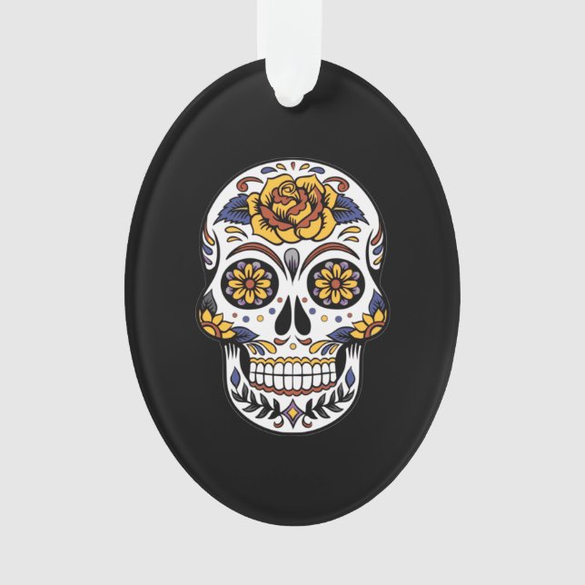 Yellow Rose Sugar Skull on Black Ornament (Front)