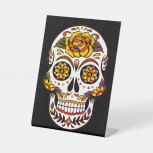 Yellow Rose Sugar Skull on Black Pedestal Sign