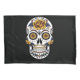 Yellow Rose Sugar Skull on Black Pillowcase