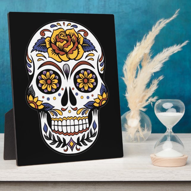 Yellow Rose Sugar Skull on Black Plaque (Side)