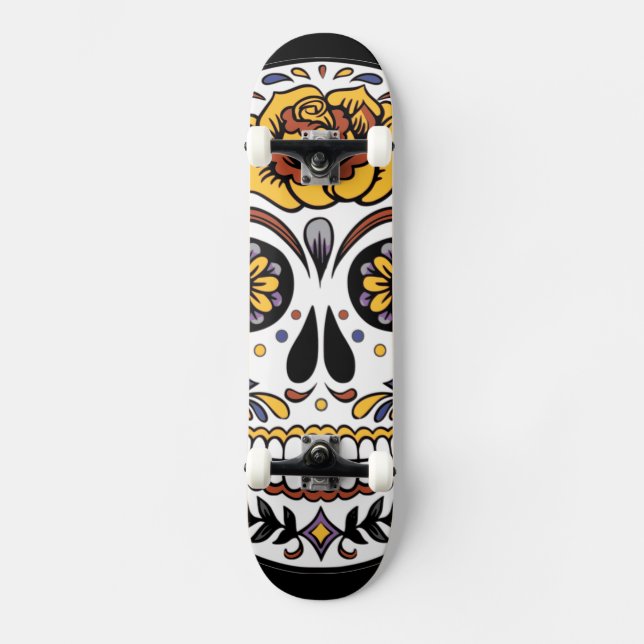 Yellow Rose Sugar Skull on Black Skateboard (Front)
