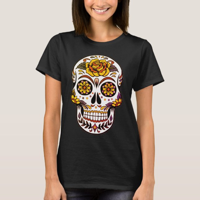 Yellow Rose Sugar Skull on Black T-Shirt (Front)