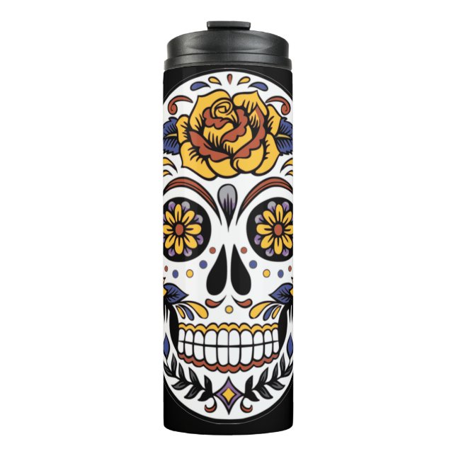 Yellow Rose Sugar Skull on Black Thermal Tumbler (Front)