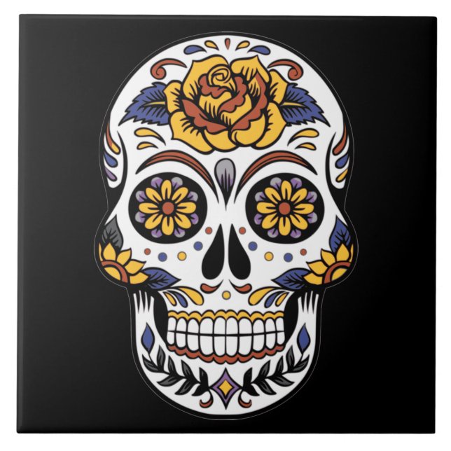 Yellow Rose Sugar Skull on Black Tile (Front)