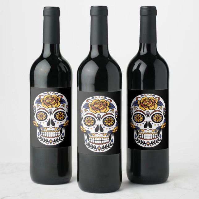 Yellow Rose Sugar Skull on Black Wine Label (Bottles)