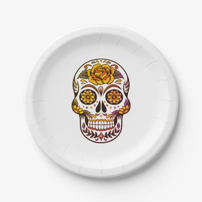 Yellow Rose Sugar Skull Paper Plate (Front)