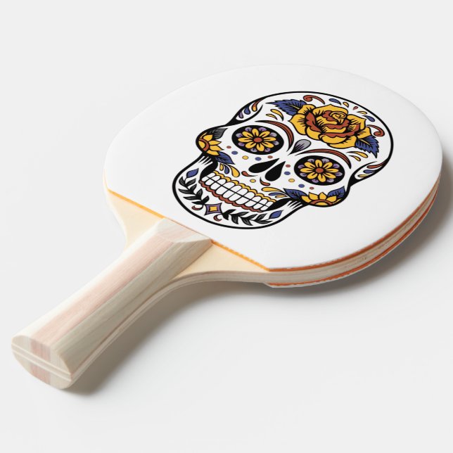 Yellow Rose Sugar Skull Ping Pong Paddle (Front Angle)