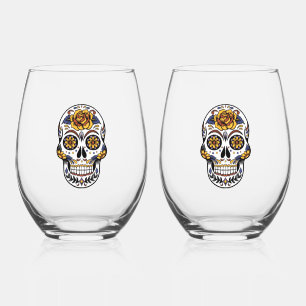 Yellow Rose Sugar Skull Stemless Wine Glass