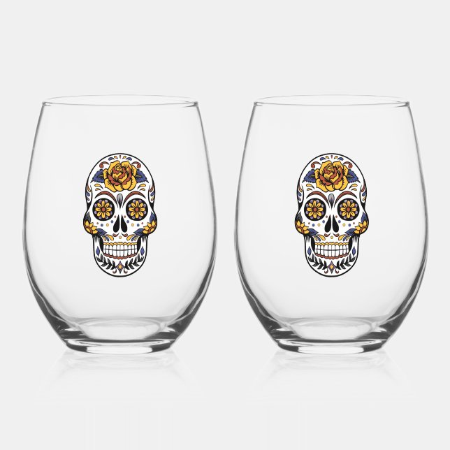 Yellow Rose Sugar Skull Stemless Wine Glass (Front)