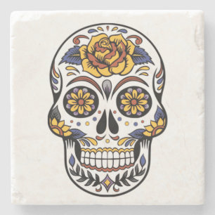 Yellow Rose Sugar Skull Stone Coaster